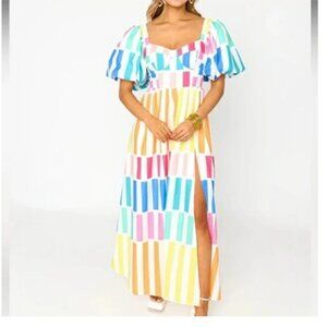 Buddy Love Jacqueline Rainbow Stripe Bustier Split Front Maxi Dress Sz M